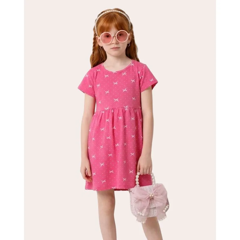 Vestido Infantil Curto Algodão Lacinhos Manga Curta Rosa 4