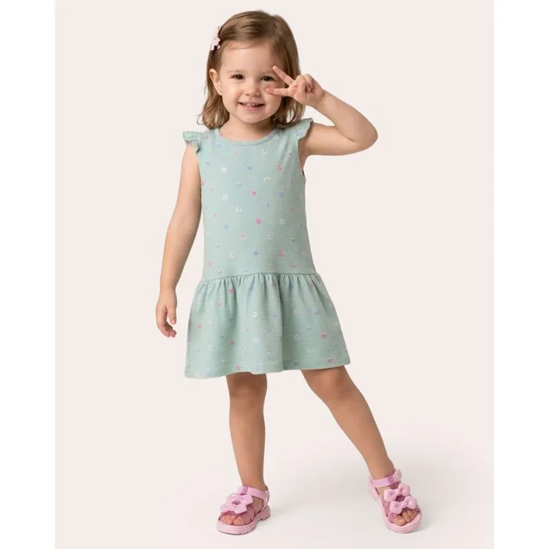 Vestido Bebê Floral Texturizado Manga Babado Verde 1