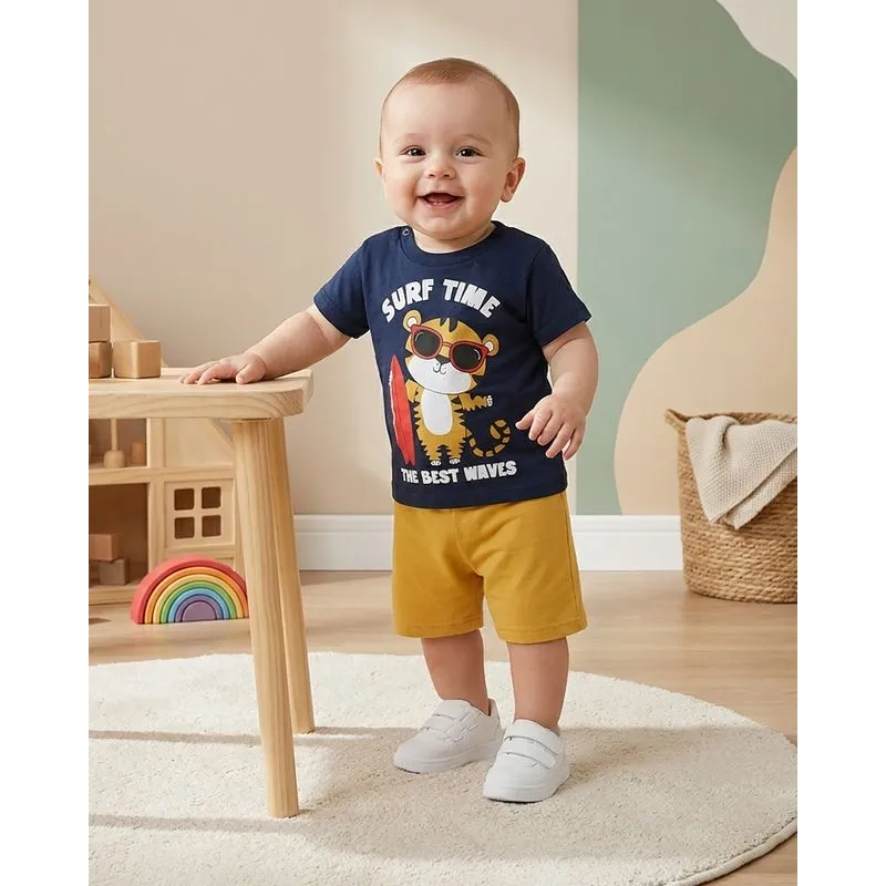 Conjunto Bebê Algodão Tigre Manga Curta Marinho P