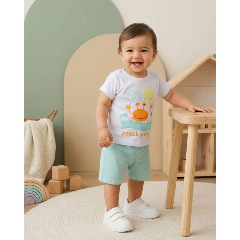 Conjunto Bebê Curto Algodão Estampada Caranguejo Branco P