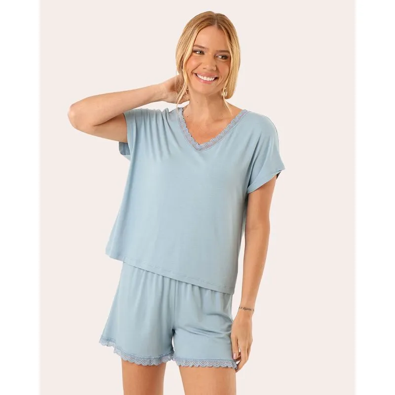 Pijama Feminino Viscose Renda Manga Curta Azul P