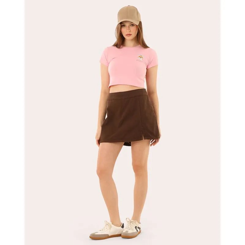Short Saia Sarja Feminina com Fenda Zíper Marrom 54