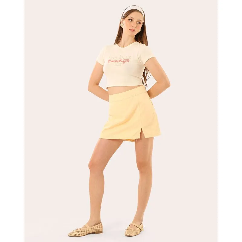 Short Saia Sarja Feminina com Fenda Zíper Amarelo 42