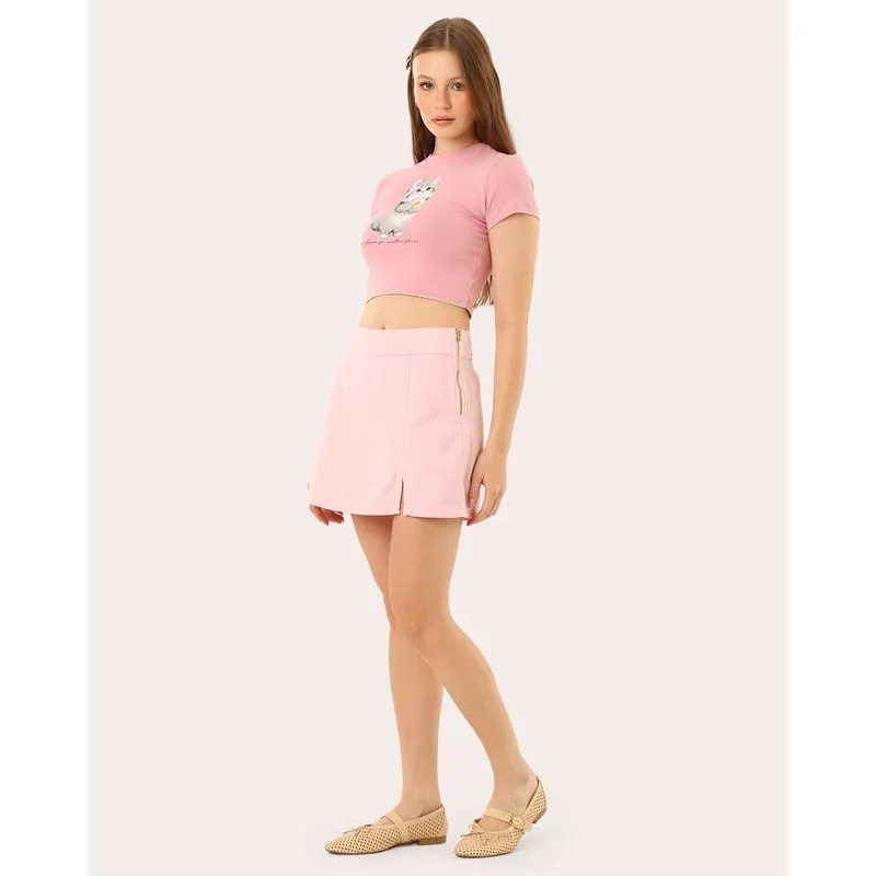 Short Saia Sarja Feminina com Fenda Zíper Rosa 40