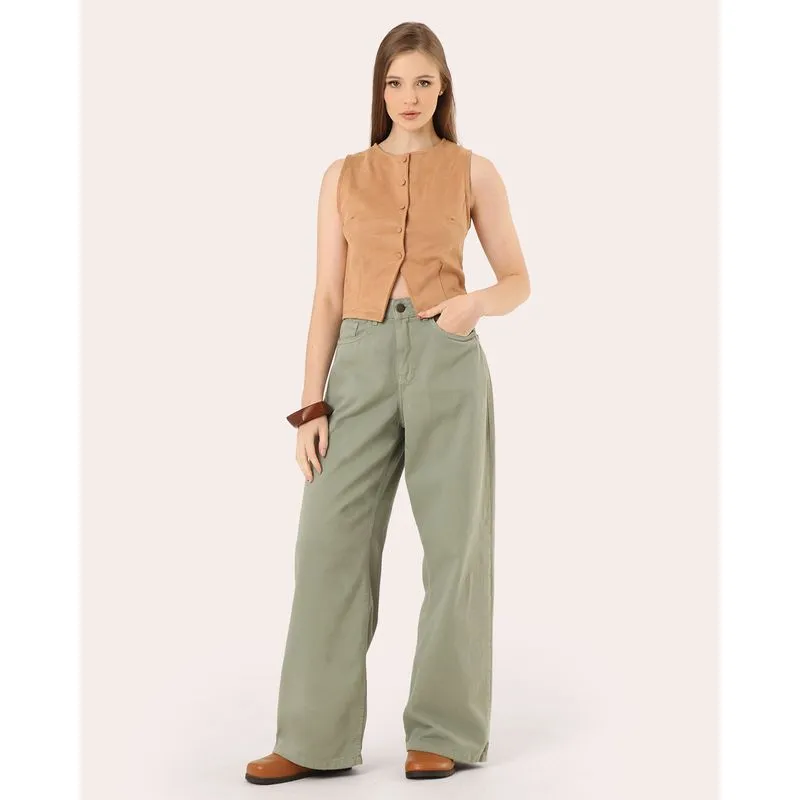 Calça Sarja Feminino Wide Leg Cintura Alta Verde 34