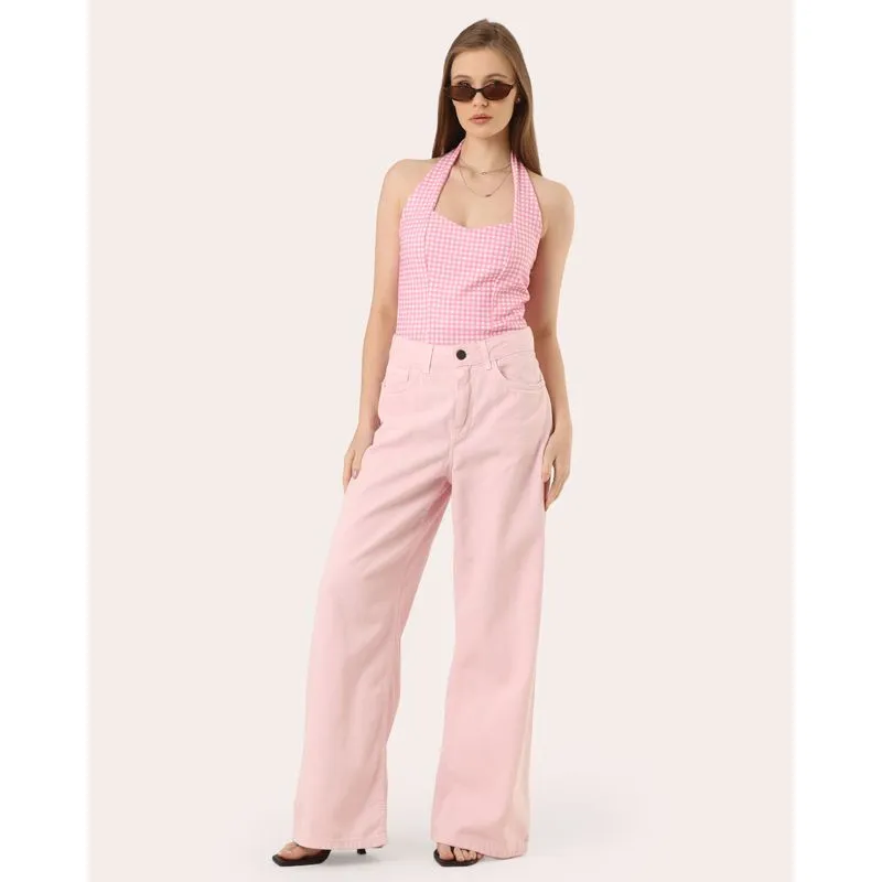 Calça Sarja Feminina Algodão Wide Leg Rosa 36