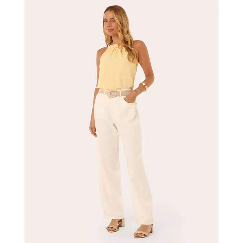 Calça Sarja Feminina Balloon com Brilhos Off White 42