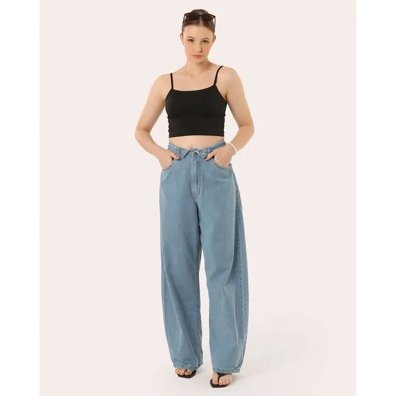 Calça Jeans Feminina Wide Leg Cós Invertido Azul Claro 34