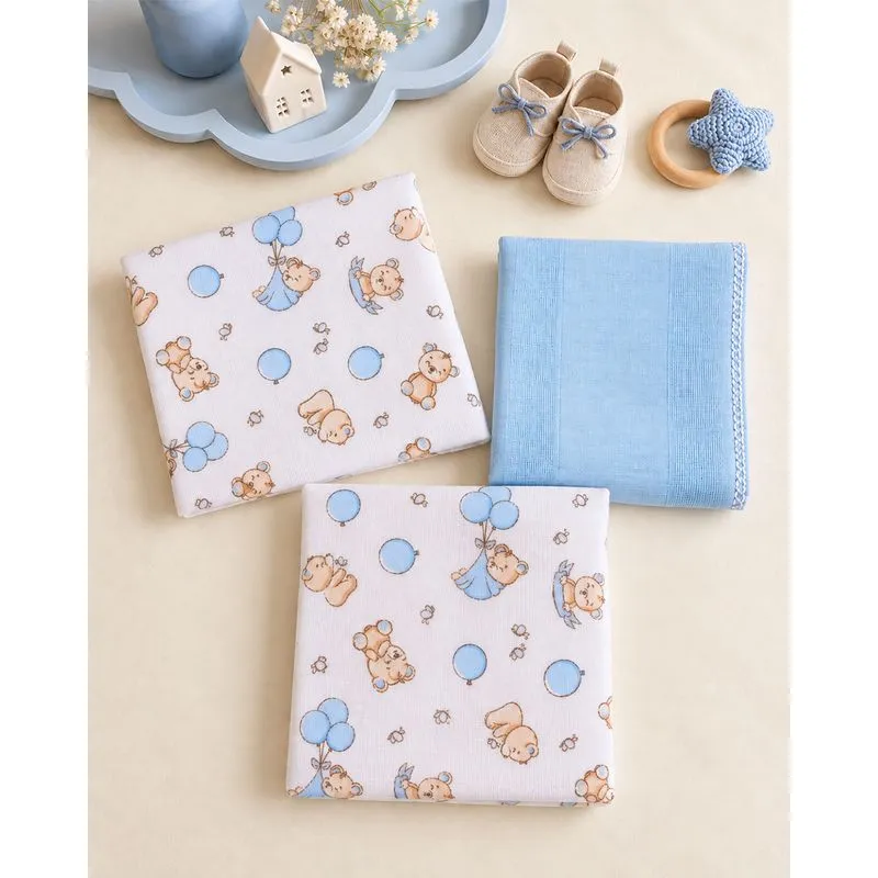 Kit com 3 Panos de Boca Bebê Algodão Urso Azul e Branco UN