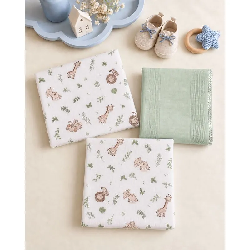 Kit com 3 Panos de Boca Bebê Algodão Ovelha Verde e Branco UN