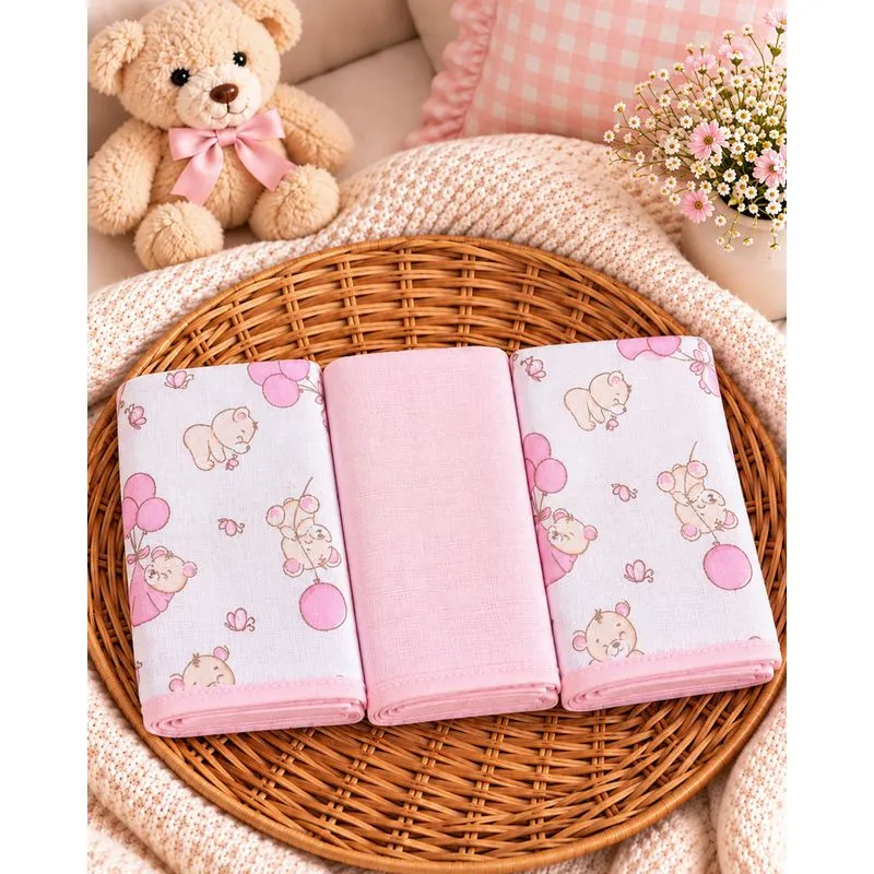 Kit 3 Panos de Boca Estampada Urso Rosa UN