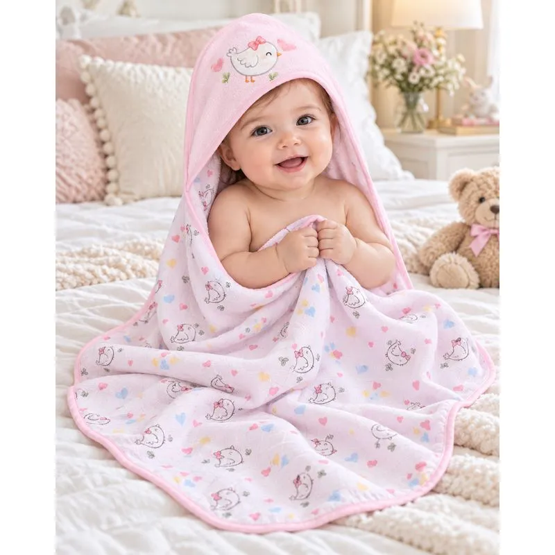 Toalha De Banho Bebê Plush Capuz Estampa Passarinho Rosa UN
