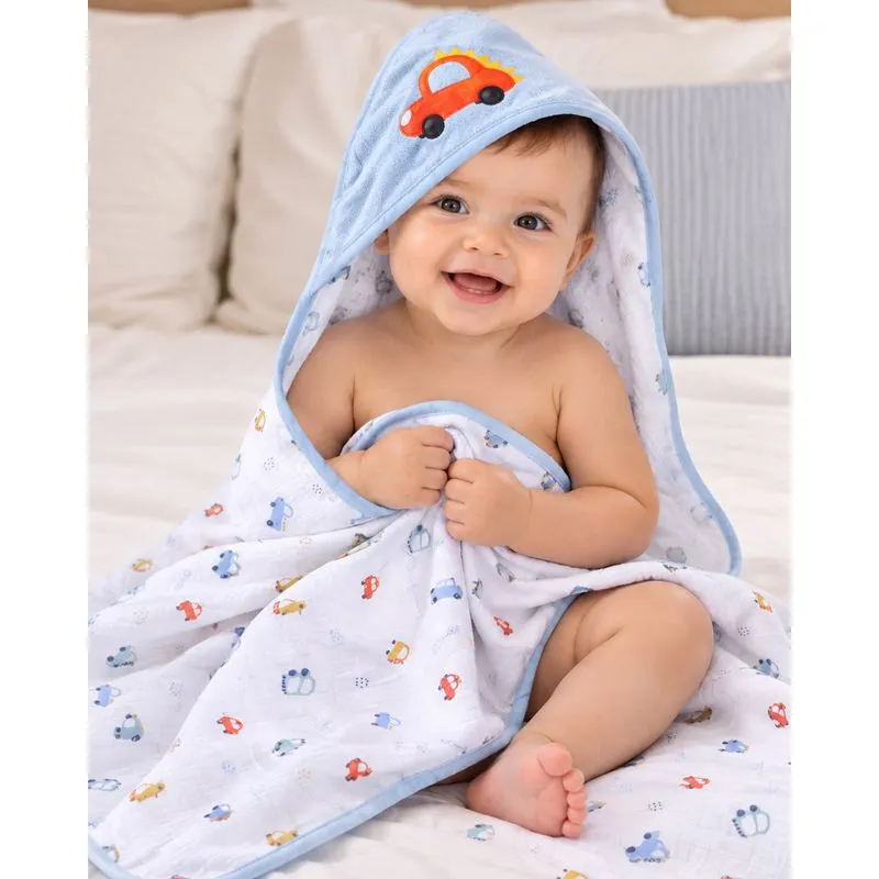 Toalha De Banho Bebê Plush com Capuz Estampa Carros Azul UN