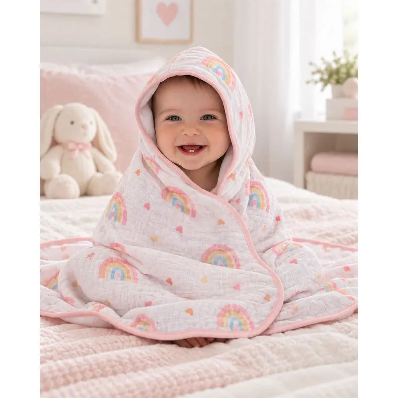 Toalha Soft Bebê 80cm x 80cm Com Capuz Estampado Rosa UN