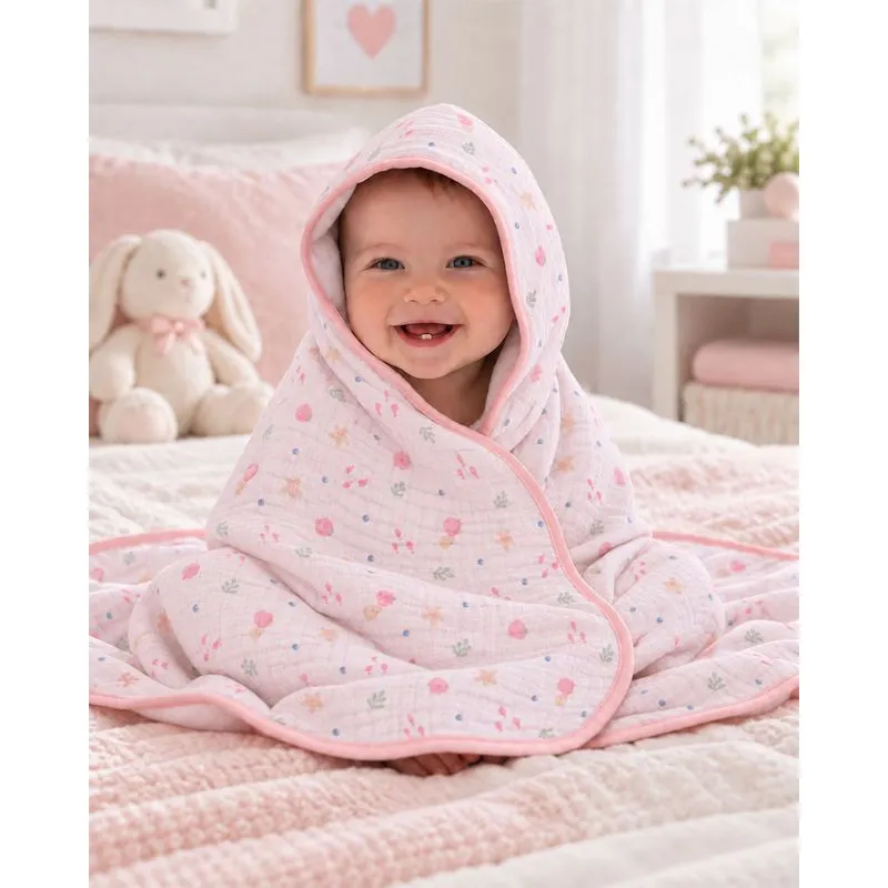 Toalha Soft Bebê 80cm x 80cm Com Capuz Estampado Rosa UN