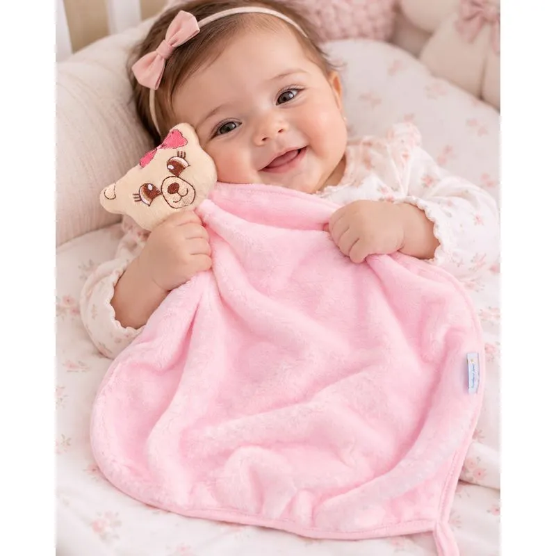 Naninha Bebê Ursinho com Prendedor de Chupeta Baby Joy Rosa UN