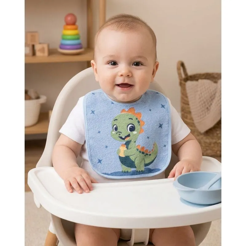 Kit 3 Babadores Bebê Estampado Dino Azul UN