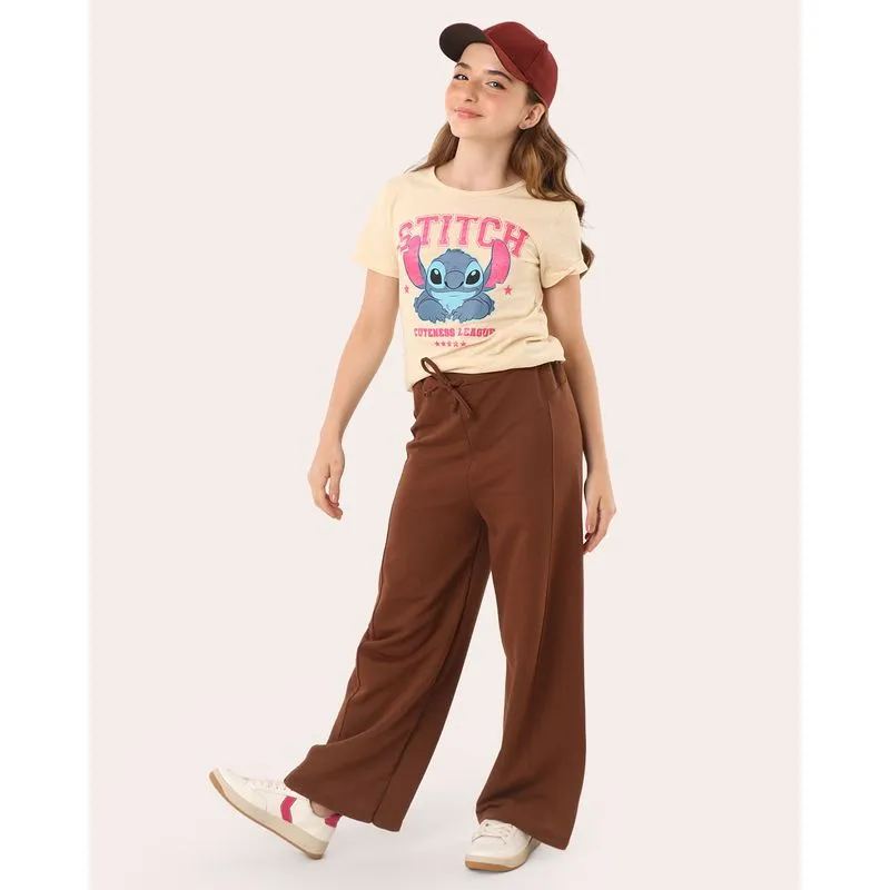 Calça Moletinho Juvenil Wide Leg Cós Baixo Recortes Marrom 18