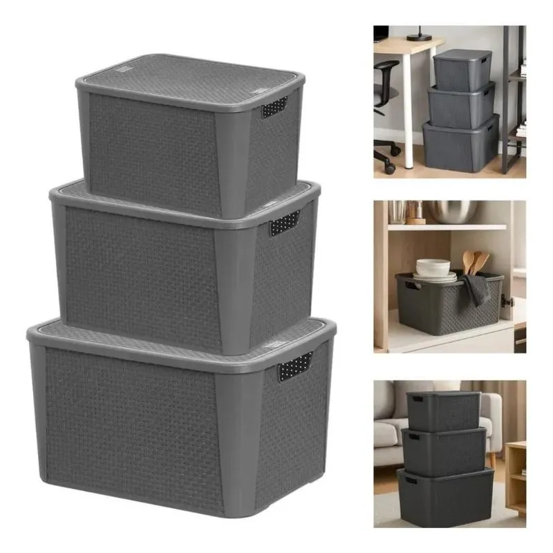 Kit 3 Caixas Organizadoras Tampa Rattan Retangular Cinza