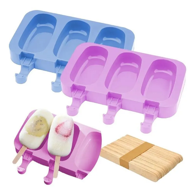 Kit 2 Formas Picolé Silicone Com Tampa: Fácil, - Rosa E Azul