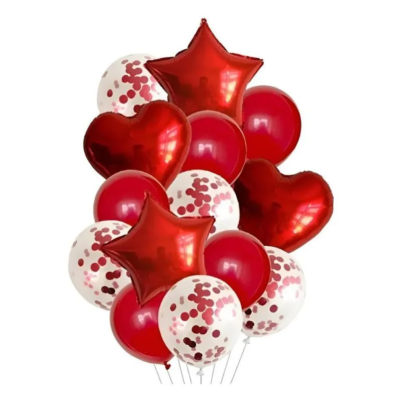 Kit 14 Balões Festa: Metalizados Coração/estrela - Vermelho