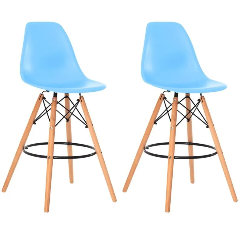 Kit 2 Banquetas Alta Eiffel Eames Base Madeira Cozinha Bar - Azul