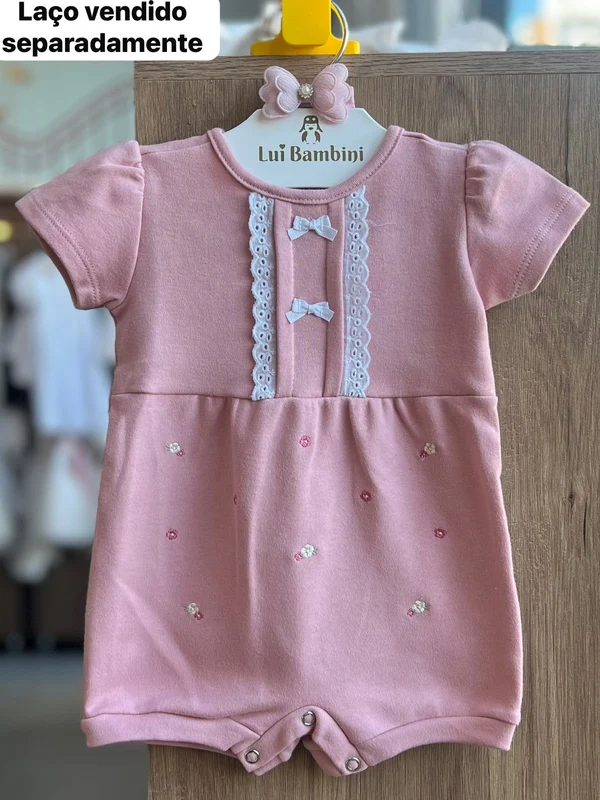 MACACÃO MACAQUINHO LAÇO BABADO BORDADO RENDA MENINA ANGERÕ ROSA CLARO / 6-9M