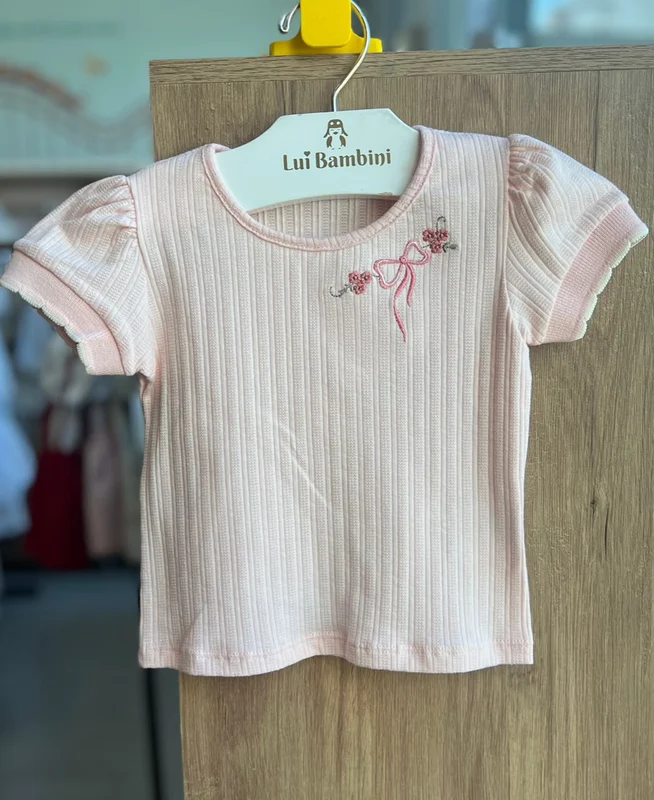 BLUSA MANGA CURTA CANELADO FLOR BORDADO MENINA ANGERÔ Rosa / 2