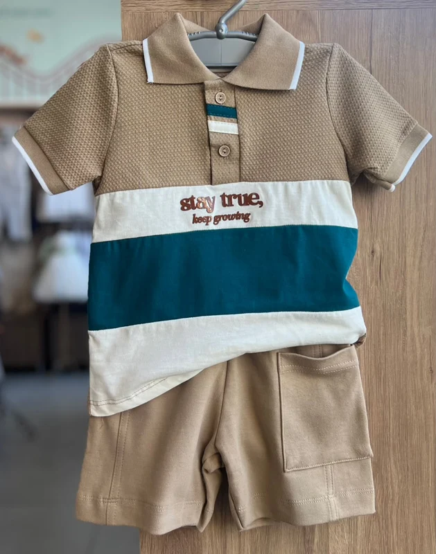 CONJUNTO CAMISETA MANGA CURTA GOLA POLO STAY TRUE LISTRADO E BERMUDA MENINO ANGERÔ OFF/BEGE / 4