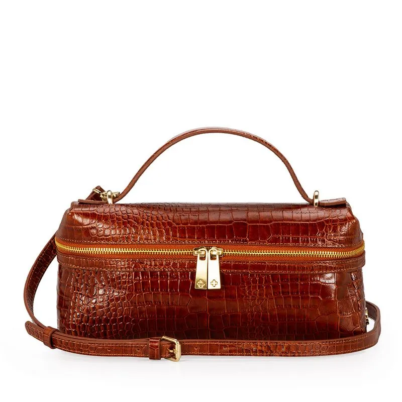 Bolsa Shoulder Couro Croco Caramelo