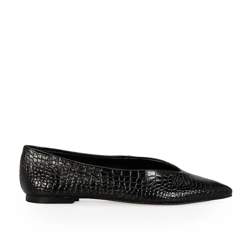 Sapatilha Preta Couro Croco Bico Fino 34