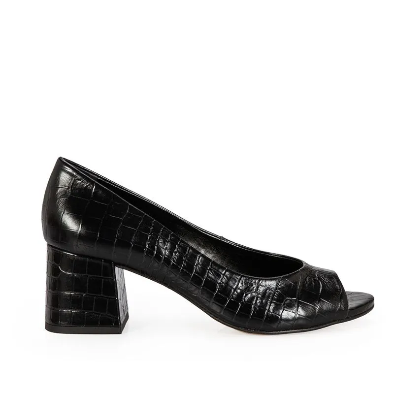 Peep Toe Preto Couro Croco Salto Bloco 33
