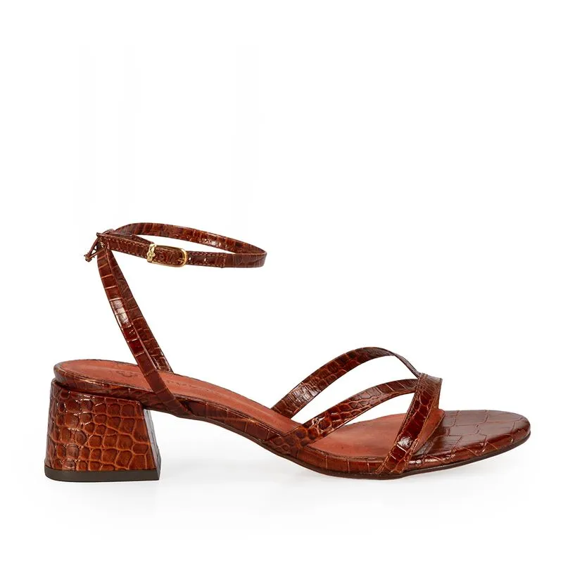 Sandália Salto Baixo Couro Croco Caramelo 33