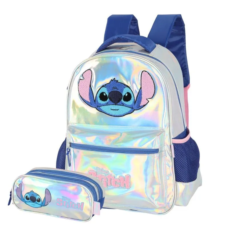 Mochila Costas Stitch Com Estojo Triplo Escolar Holográfico
