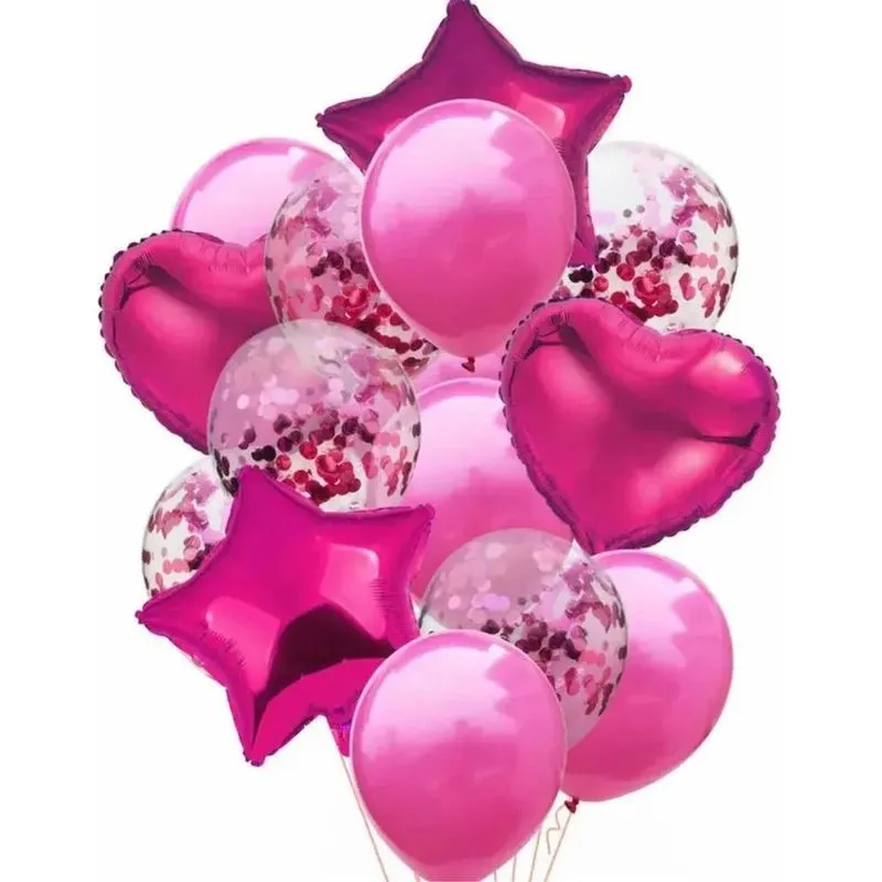 Kit Buque Balão Metalizado 14 Peças Bexiga Festa Rosa Pink