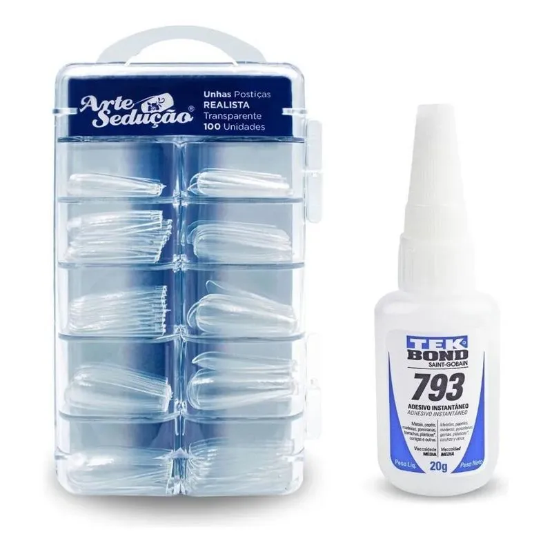 3x Kit 100 Postiças Realista Transparente + Cola Tek Bond 79