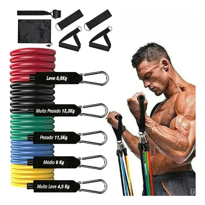 10x Kit Elásticos Academia 11 Peças Borracha Corda Tubos Al