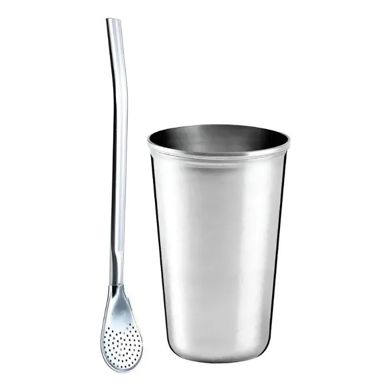 Kit 1 Cuia Copo Inox 200ml 1 Bomba Lisa Prática Erva Tereré