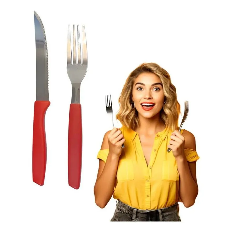 Jogo Garfo Faca Inox Cabo Plástico 24 Peças Preto/vermelho