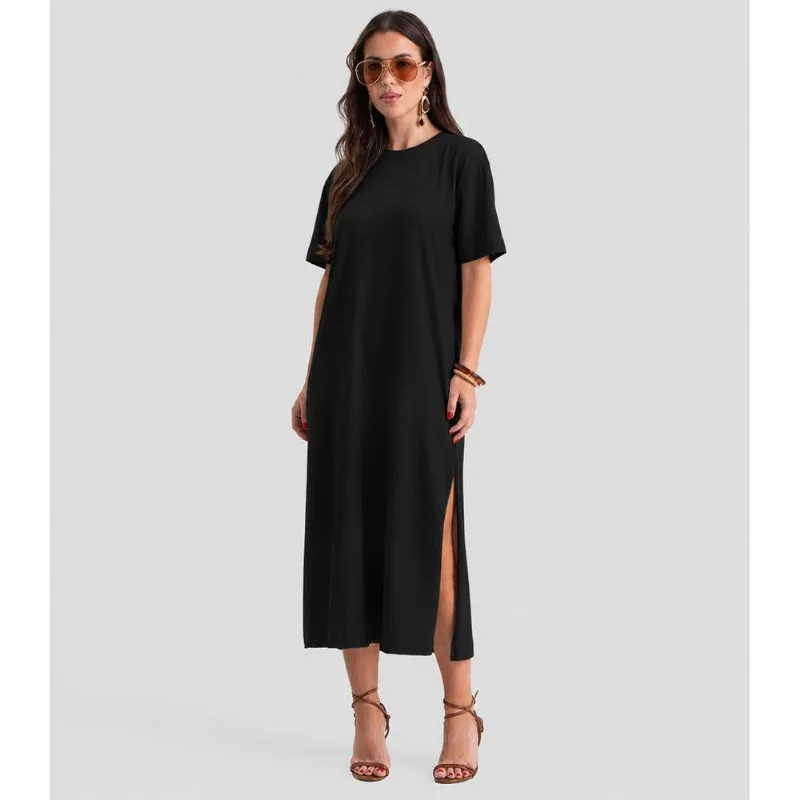 Vestido Super Midi Com Fendas Laterais Preto G