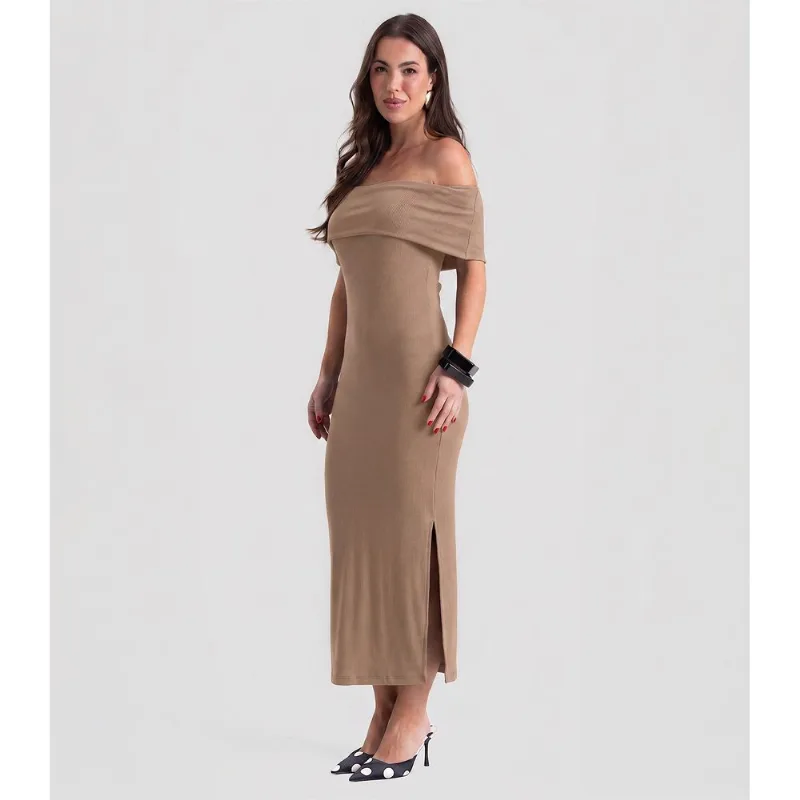 Vestido Longo Feminino Ombro A Ombro Dianna Marrom M
