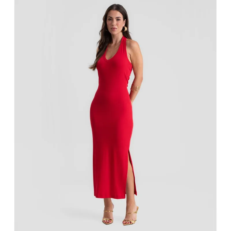 Vestido Midi Feminino Com Decote V Dianna Vermelho M
