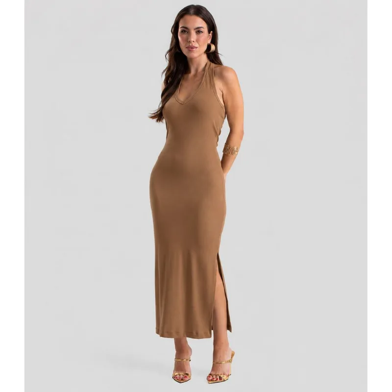 Vestido Midi Feminino Com Decote V Dianna Marrom M