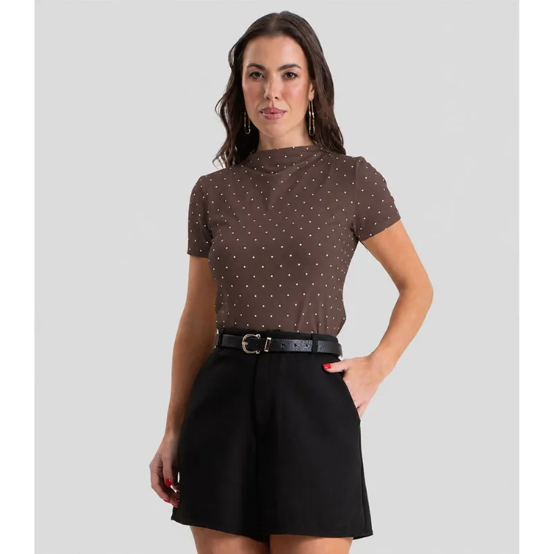 Blusa Feminina Gola Chaminé com Estampa Poá Dianna Marrom G