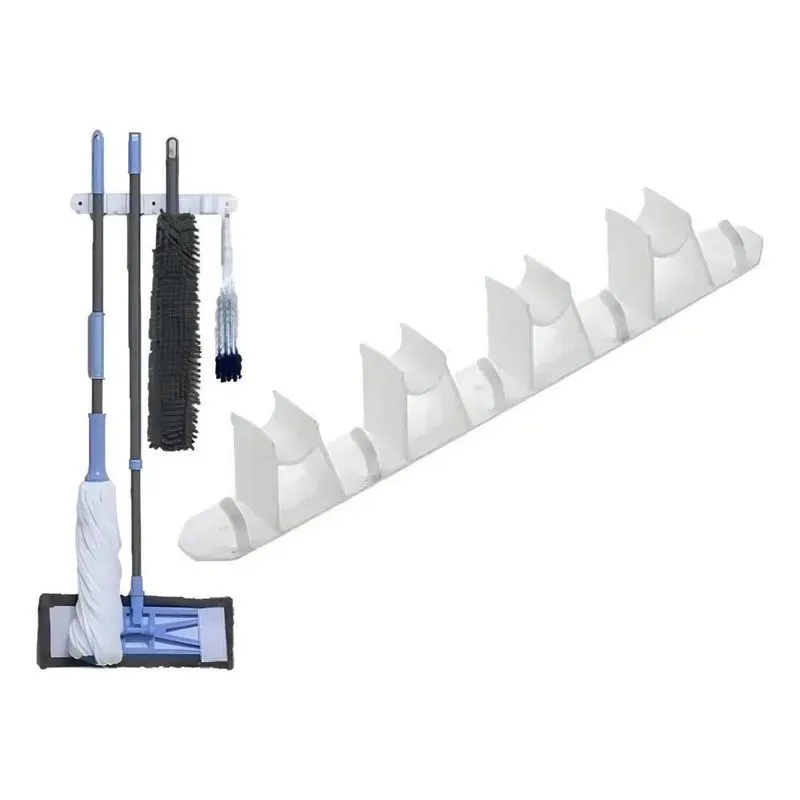 3x Suporte Para Rodo E Vassoura 4 Encaixes 5 Ganchos Branco