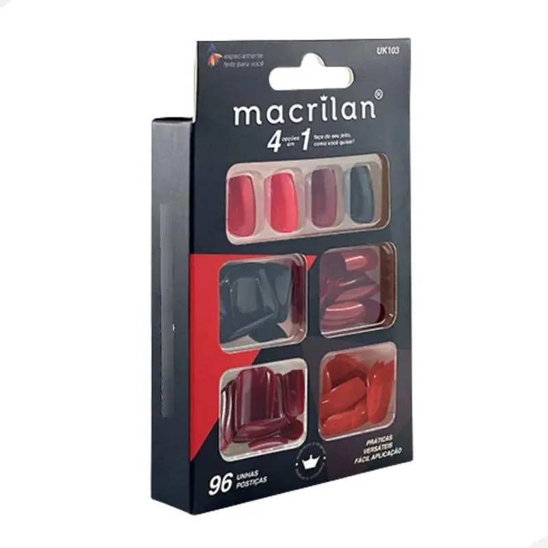 Unhas Postiças Macrilan Médias 4 Em 1 - 96 Unidades Cor Verm
