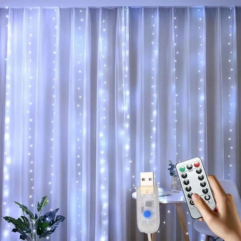 Luz De Cortina Com Gancho Usb 8 Funções 3m3m 300led Nupcial