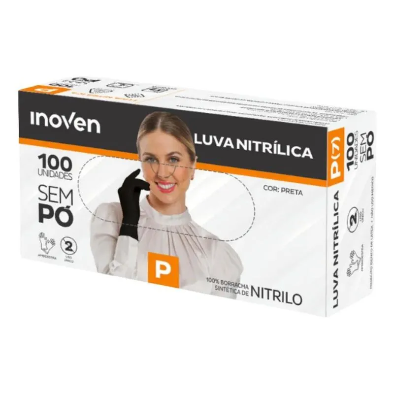 Luva Nitrílica Sem Pó Preta Tamanho P Inoven - 100 Peças
