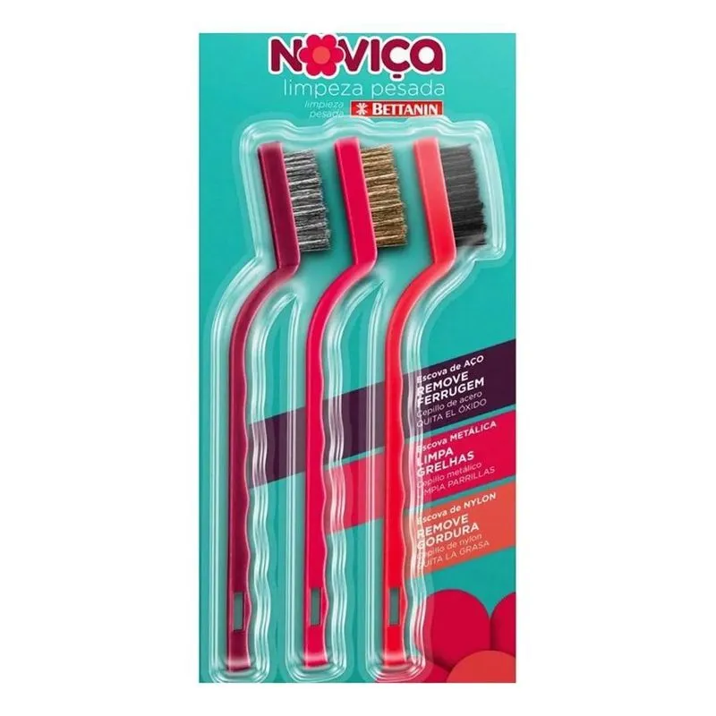 Kit 3 Escovas Limpeza Pesada Noviça Ferrugem Grelha Gordura