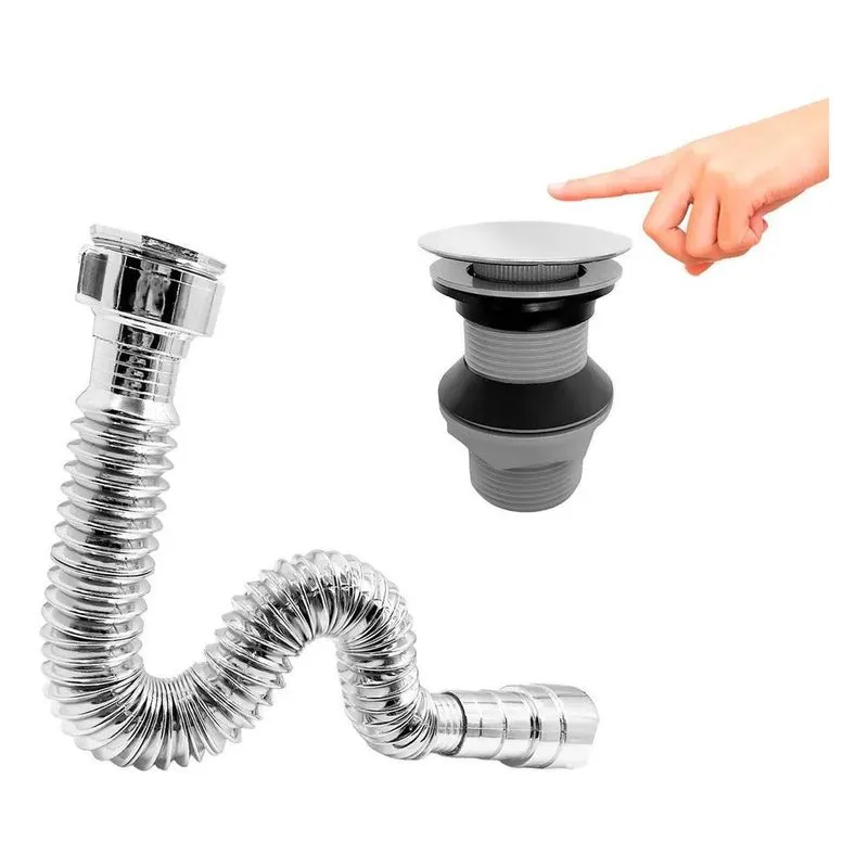 2x Kit Sifão Cromado Válvula Click 7/8 Ralo Dreno Inox Cuba